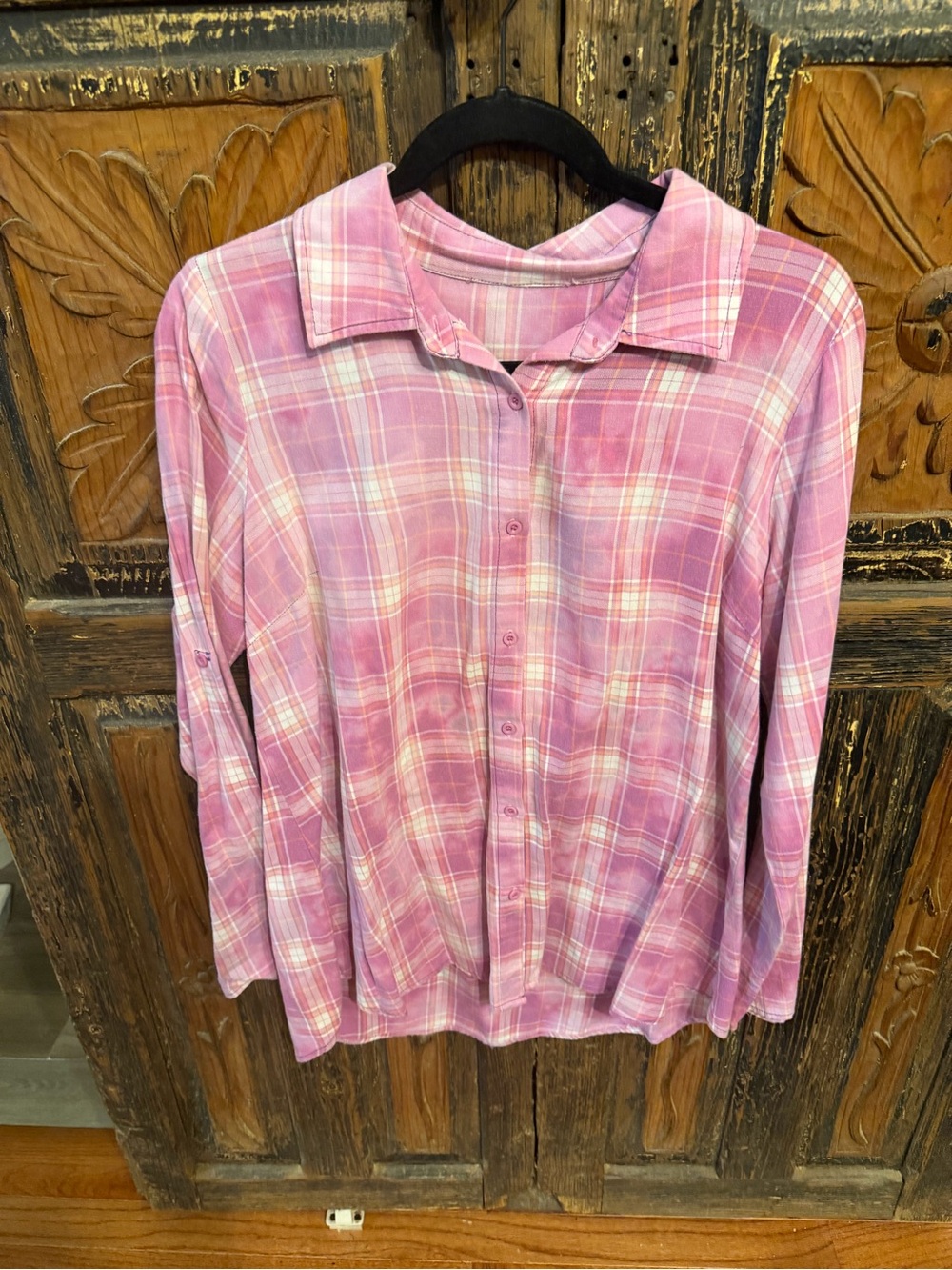 Women's Pink Plaid Button-Up Shirt with embroidery back!